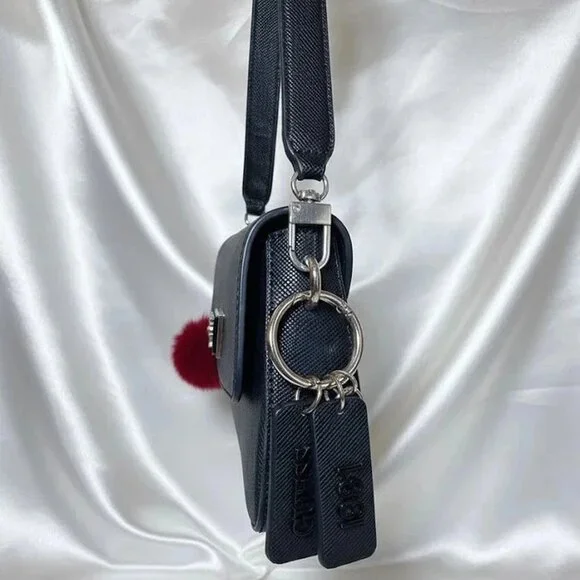 GUESS Purse Black Saffiano Faux Leather Logo Mini Handbag With Charms - Picture 5 of 6
